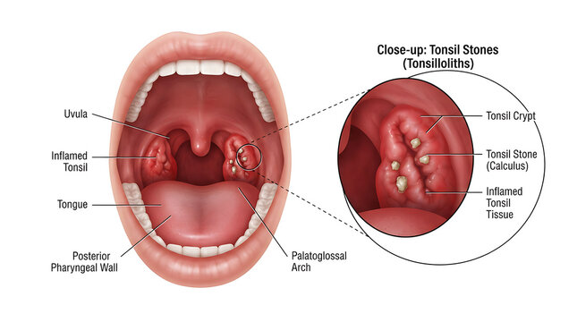 Inflamed tonsils with visible tonsil stones, close-up view