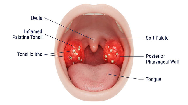 Inflamed tonsils with visible tonsilloliths, soft palate and uvula