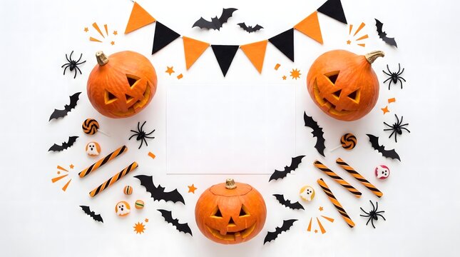 Halloween decorations flat lay with jack o' lanterns and candy