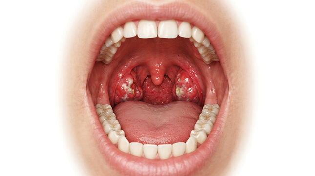 Swollen tonsils and uvula with redness in throat