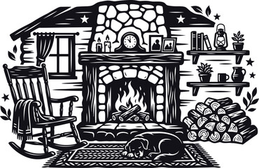 Fototapeta premium Cozy cabin interior with fireplace rocking chair and sleeping dog
