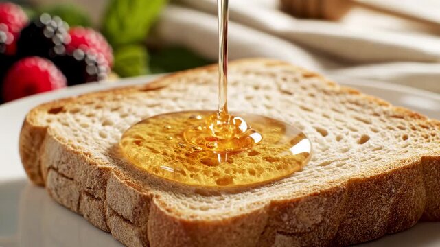 Golden liquid honey cascades continuously onto a slice of toasted wheat bread positioned near fresh forest berries which makes for a nutritious breakfast meal that hungry people enjoy every