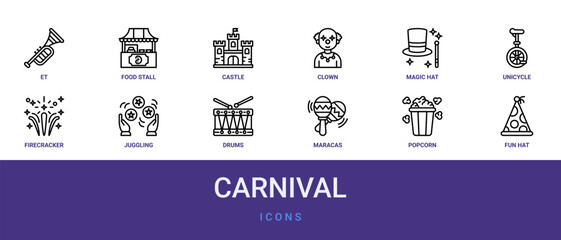 Set of 12 outline web Carnival icons such as fun hat, popcorn, maracas, drums, Juggling, firecracker, unicycle vector icons for report, presentation, diagram, web design, mobile app © Izzat