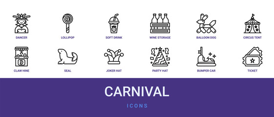 Set of 12 outline web Carnival icons such as ticket, bumper car, party hat, joker hat, seal, claw hine, circus tent vector icons for report, presentation, diagram, web design, mobile app © Izzat
