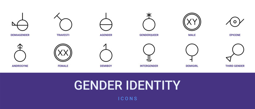 Set of 12 outline web Gender Identity icons such as third gender, demigirl, intergender, demiboy, female, androgyne, epicene vector icons for report, presentation, diagram, web design, mobile app