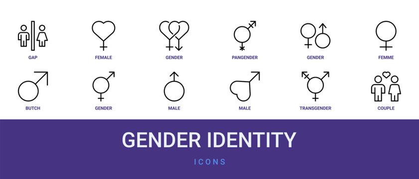 Set of 12 outline web Gender Identity icons such as couple, transgender, male, male, gender, butch, femme vector icons for report, presentation, diagram, web design, mobile app