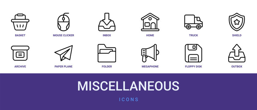 Set of 12 outline web Miscellaneous icons such as outbox, floppy disk, megaphone, folder, paper plane, archive, shield vector icons for report, presentation, diagram, web design, mobile app