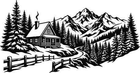 Fototapeta premium Cozy mountain cabin in snowy forest landscape