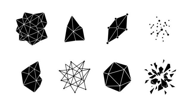 Abstract Geometric Shapes, Low Poly Forms, Network Structures, and Explosions, Black Vector Icons Set