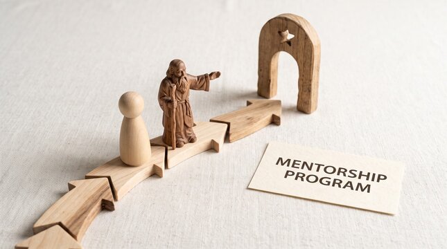 Mentorship program concept with wooden figures, mentor guiding student on arrow path to success, career development and coaching business metaphor