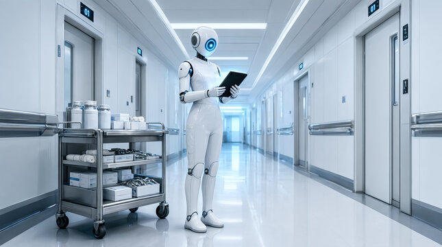 Robot, humanoid robot, medical robot, hospital, healthcare, futuristic, white robot, standing, holding tablet, medical supplies cart