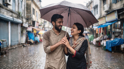 Fototapeta premium South Asian couple laughing together while walking under umbrella on rainy street in traditional market district.