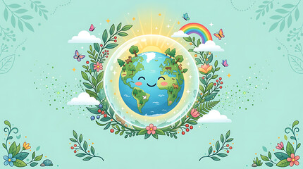 Obraz premium Cute Smiling Earth Globe Illustration for Earth Day Concept