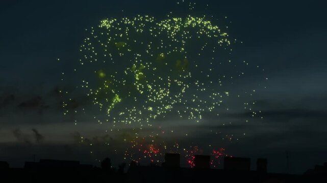 Bright colorful fireworks exploding against dark night sky over city silhouette. Festive celebration with pyrotechnic light show. Holiday party, independence day or new year celebration.