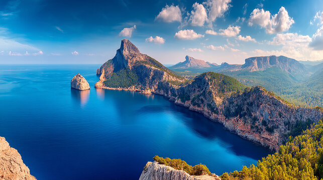 Dramatic rocky peninsula landscape overlooking deep blue sea with landscape, mountain