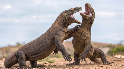 Fototapeta premium Two Komodo dragons wrestling on hind legs in arid wilderness. Aggressive reptiles fighting for dominance in rocky landscape.