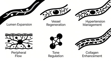 Fototapeta premium Unified layout of vascular deep repair icons, widening the lumen of blood vessels, regenerating vascular tissue, regulating blood pressure, increasing collagen, and stabilizing vascular status 