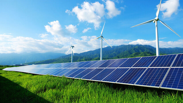 Solar panels and wind turbines in a green landscape with mountains in the background, solar panel