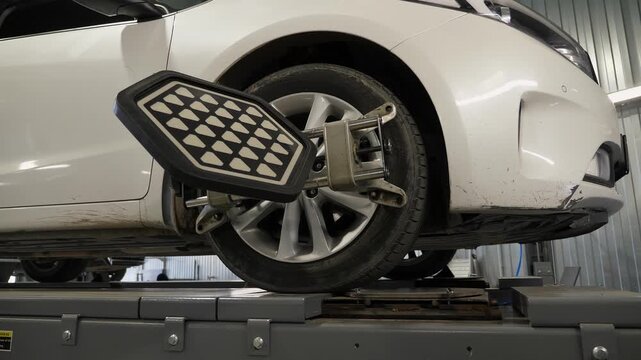 Diagnostics and balancing of wheels at a close-up view in a modern service station. The car moves slowly while wheel balancing equipment is used.