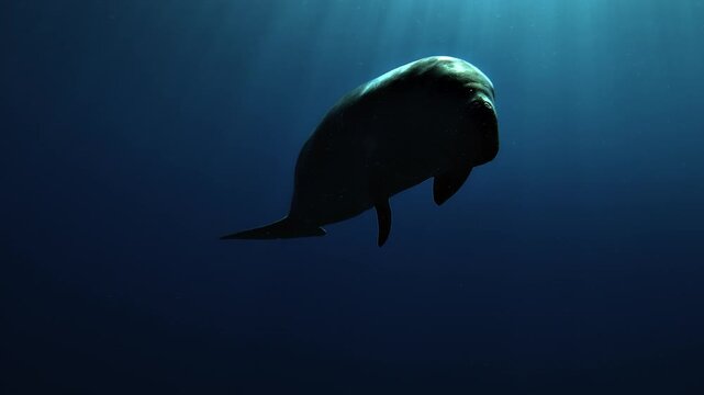 Night low-angle view of a massive dugong - Dugong dugon - approaching directly above the camera as moonlight outlines its imposing silhouette.