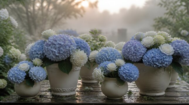 Blue and white hydrangea flowers in ceramic pots on a wooden table in a misty garden.