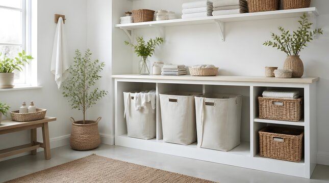 Clean and organized laundry room with white shelving and storage baskets.