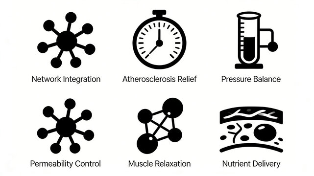 Complete display of vascular network maintenance icons, connecting microcirculation, relieving arteriosclerosis, balancing blood pressure, and ensuring nutrient delivery to various tissues
