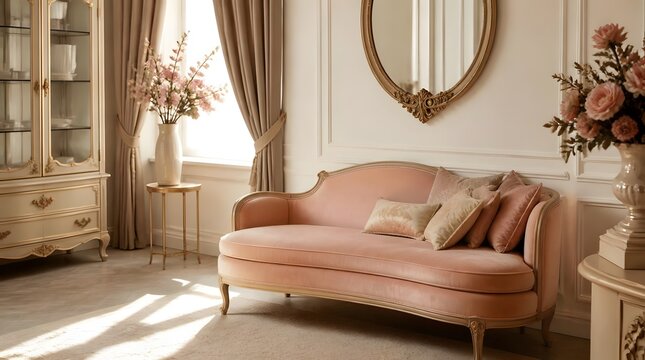Elegant classic living room interior with pink velvet sofa and gold mirror.