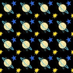 Seamless Space Doodle Pattern with Planets and Stars on Black Background © Feridina