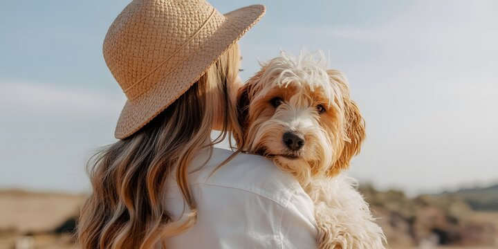 A woman in a straw hat tenderly holds a fluffy dog outdoors on a sunny day