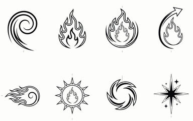 Fototapeta premium Set of thin line abstract fire, elemental, and celestial icons featuring various flame shapes, swirling energy patterns, and stylized star bursts for dynamic design projects.