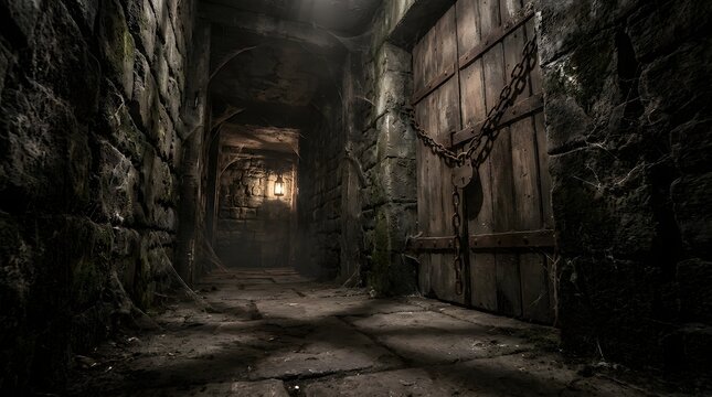 Dark stone dungeon corridor with wooden door and hanging lantern