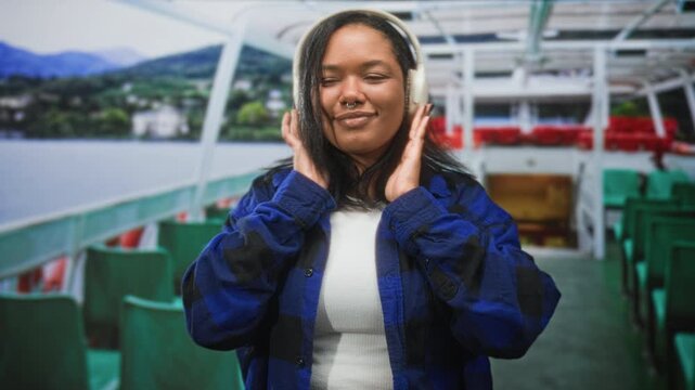 Young woman holds headphones with eyes closed, hands cupping earcups, slight smile and septum ring visible, standing among green passenger seats on a ferry deck; serenity.