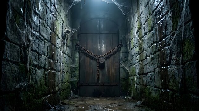 Ancient stone dungeon entrance with heavy chain and padlock