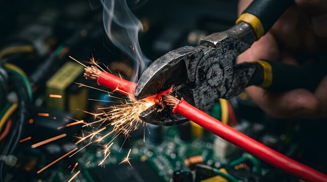 Cutting electrical wire with pliers sparks and smoke