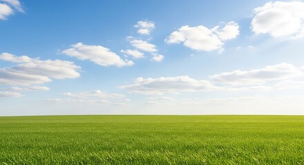 Fototapeta premium A lush expanse of vibrant green grass flows toward the horizon under a vast blue sky filled with soft white clouds on a bright sunny day, seasonal, light, field