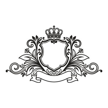 Ornate vintage heraldic shield with crown and ribbon