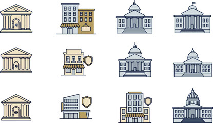 Fototapeta premium Government, bank, and commercial real estate building line icons collection featuring city hall, university, shop, courthouse, and commercial property shield protection vector set.