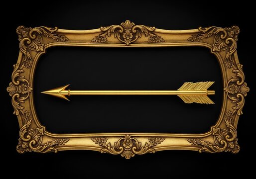 A luxurious golden arrow sits within an ornate vintage frame featuring intricate patterns, presented against a deep black backdrop design, scroll, shimmer, prestige