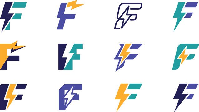 Letter F lightning bolt logo design collection featuring dynamic electric power concepts, charging fast energy typography elements, and flash thunderbolt initials vector set.