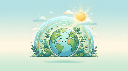 Obraz premium Cute Happy Earth Globe Illustration with Leaves and Sun for Earth Day