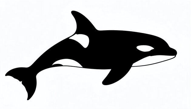 Black silhouette of an orca whale jumping on white background