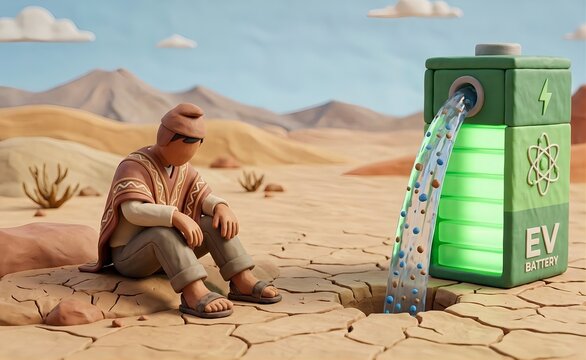 3D illustration of an exhausted faceless South American worker sitting on dry cracked earth beside a giant glowing EV battery extracting resources, representing green colonialism and mining exploitati