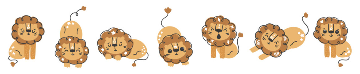 Cute lion vector set, adorable baby lion character, Hand drawn vector illustration. Boho style nursery design. Concept for children print. Isolated on white background. © Maria