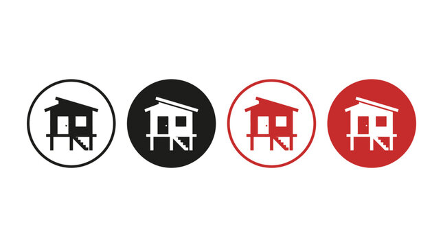 Four different colored icons of a house on a stand are shown.