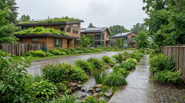 Ecofriendly residential street with green roofs and lush landscaping on a cloudy day