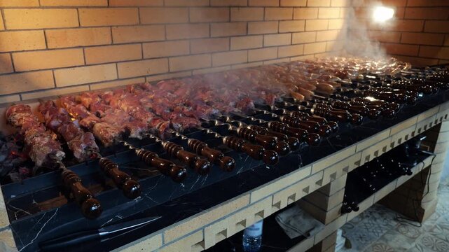 A detailed view of chicken legs, wings, pork, and beef being grilled on a barbecue in a restaurant. A succulent meat skewer. The meat for shish kebab is cooked over a fire. 