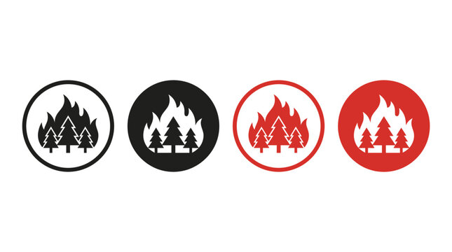 Four icons of trees and flames in circular frames