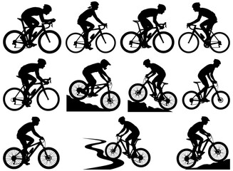 Obraz premium Set of black silhouettes of cyclists on road and mountain bikes, isolated on a white background, showing various riding positions and terrain interactions