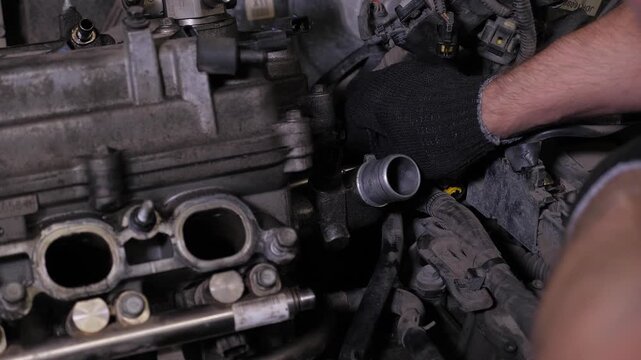 A mechanic, wearing gloves, works on the engine of a vehicle in a garage. A mechanic is performing a major repair on a car in a car repair shop.